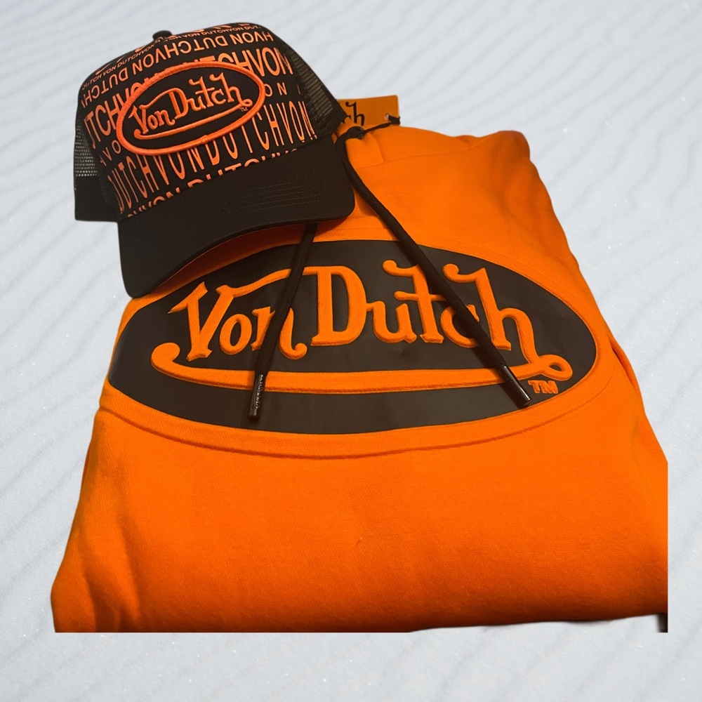 VON DUTCH ORANGE/BLACK 2PC HOODIE & TRUCKER HAT SZ M